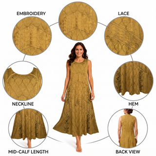 1151 DR Women’s Boho Summer Sleeveless Embroidered Button Down Sun Dress Gown