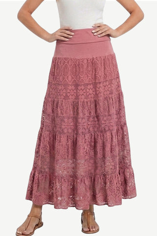 1701 SKT Boho Gothic Tiered Lace Net Waistband Long Flared Cotton Skirt Maxi