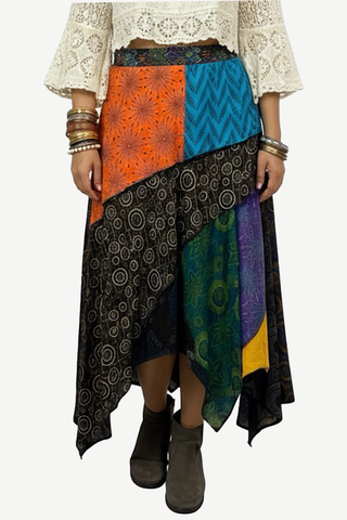 408 Skt Gypsy Tribal Boho Knit Cotton Asymmetrical Patch Skirt