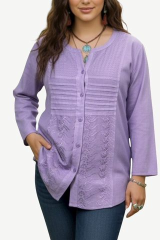 9004 B Women's Bohemian Vintage Sweet Heart Button Down Embroidered Pleated Blouse