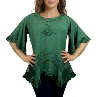 18 6027 B Bohemian Medieval Embroidered Round Neck Ruffle Hem Short Sleeve Blouse Top