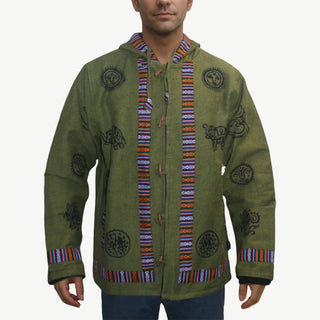 402 JKT Cotton Printed Fleece Lined Auspicious Symbols Tibetan Hoodie Jacket - Agan Traders, Green