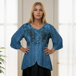 Women's Bohemian Exotic Ari Embroidered Button Down Short Sleeve Tunic Blouse - Agan Traders, Blue