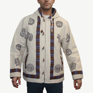 402 JKT Cotton Printed Fleece Lined Auspicious Symbols Tibetan Hoodie Jacket - Agan Traders, Off White