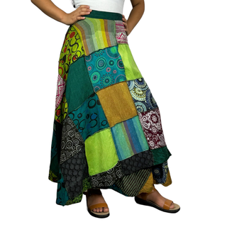 WS 411 Women's Hippie Long Wrap Patch Cotton Boho Renaissance Skirt Maxi - Agan Traders, Green_Multi