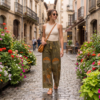 Women's Boho Palazzo Pants Wide Leg Embroidered Lace Up Drawstring Gypsy Trousers
