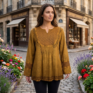 9001 B Women's Bohemian Vintage Embroidered Pleated Mesh Embroidered Blouse
