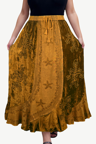 Women's Bohemian Gothic Embroidered Velvet Flared Scalloped Elastic Waistband Maxi Skirt ~ 552 Skt