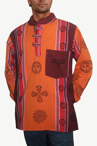 540 MS Thick Cotton Heavy Duty Mandarin Auspicious Symbols Printed Shirt - Agan Traders, Orange Multi