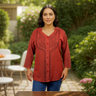 9005 B Women's Bohemian Vintage Button Down Embroidered V-Neck Blouse