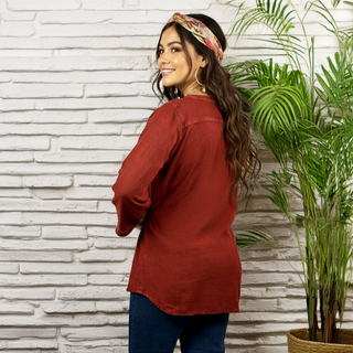 9005 B Women's Bohemian Vintage Button Down Embroidered V-Neck Blouse
