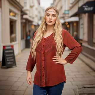 9005 B Women's Bohemian Vintage Button Down Embroidered V-Neck Blouse