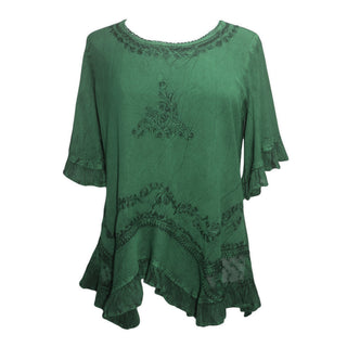 18 6027 B Bohemian Medieval Embroidered Round Neck Ruffle Hem Short Sleeve Blouse Top