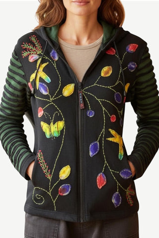 336 RJ Bohemian Knit Cotton Razor Cut Flower Patched Hoodie Rib Jacket