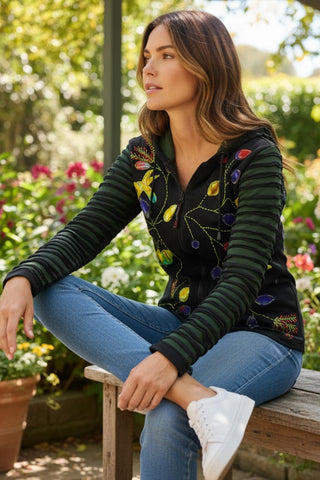 336 RJ Bohemian Knit Cotton Razor Cut Flower Patched Hoodie Rib Jacket