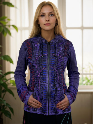 51 RJ Purple Distressed Bohemian Razor  Embroidered Hoodie Sweatshirt Rib Jacket