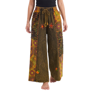 Women's Boho Palazzo Pants Wide Leg Embroidered Lace Up Drawstring Gypsy Trousers
