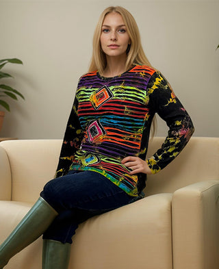 R 270 Boho Rib Knit Distressed  Tie-Dye Stonewashed Razor Cut Blouse Top