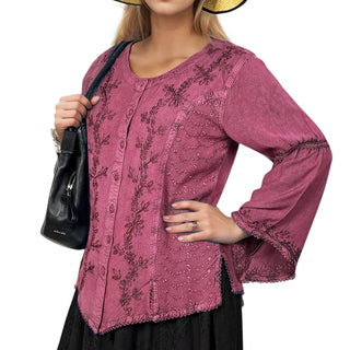 102 B Women's Long Sleeve Button Down Embroidered Gothic Blouse Top