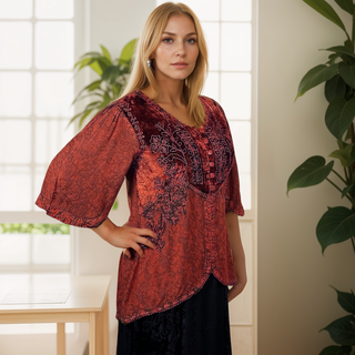 Women's Bohemian Exotic Ari Embroidered Button Down Short Sleeve Tunic Blouse - Agan Traders, Burgundy