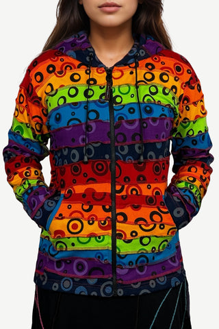 365 RJ Rainbow Bubble Printed Vibrant Hoodie Hippie Gypsy Cotton Bohemian Rib Jacket