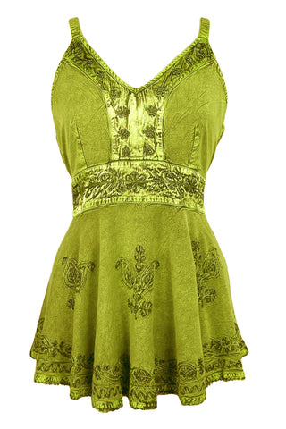 Medieval Gypsy Embroidered Spaghetti Strap Tank Top - Agan Traders, Lime Green