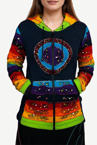 RJ 366 Rainbow Bohemian Brush Painted Peace Hoodie Jacket