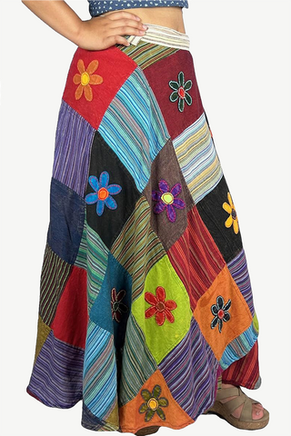 400 WS Cotton Gypsy Flower Diamond Patched Wrap Skirt Maxi