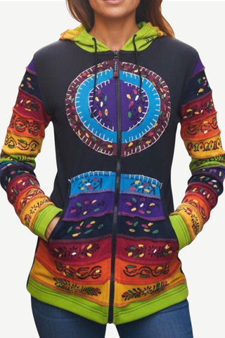 RJ 366 Rainbow Bohemian Brush Painted Peace Hoodie Jacket