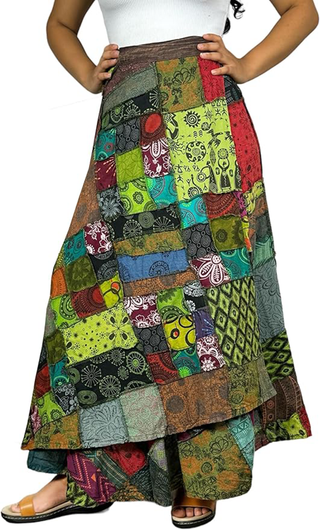 425 SKT Boho Cotton Tie Dye Asymmetrical Patched Fall Winter Wrap Skirt - Agan Traders, Green Multi