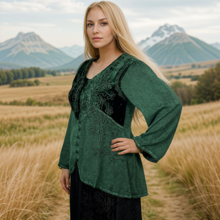 Women's Bohemian Exotic Velvet Embroidered Button Down Long Sleeve Tunic Blouse - Agan Traders, Green