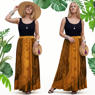 Women's Bohemian Gothic Embroidered Velvet Flared Scalloped Elastic Waistband Maxi Skirt ~ 552 Skt