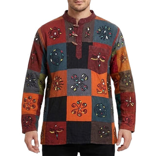 542 MS Men's Heavy Cotton Patchwork Henley Mandarin Style Fall Shirt