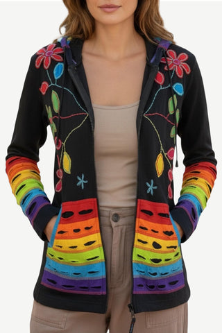 RJ 309 355 Rainbow Razor Cut Flower Stem Cotton Bohemian Hoodie Jacket