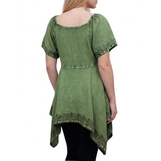 18605 B Bohemian Asymmetrical Hem Front Rope Tie Short Cap Sleeve Top Blouse