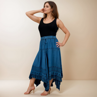 403 SKT Medieval Embroidered Rich Heavy Netted Lace Elastic Waistband Uneven Hem Style Skirt