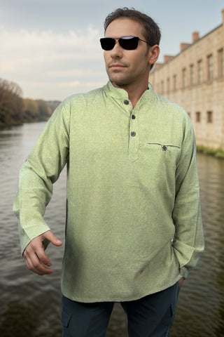 MS 545 Men's Soft Cotton Henley Mandarin Oriental Style Folding Kurta Shirt - Agan Traders, Lime