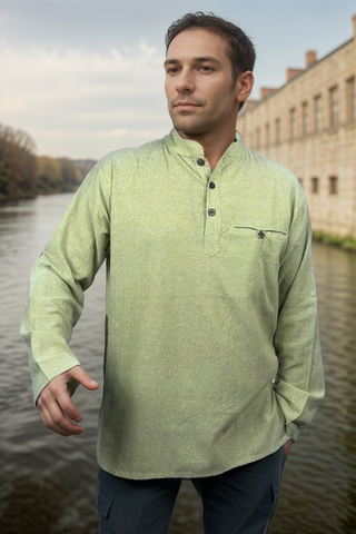 MS 545 Men's Soft Cotton Henley Mandarin Oriental Style Folding Kurta Shirt - Agan Traders, Lime