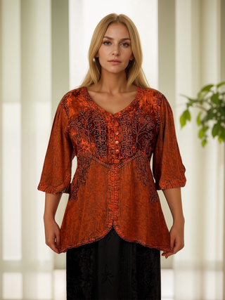 Women's Bohemian Exotic Ari Embroidered Button Down Short Sleeve Tunic Blouse - Agan Traders, Burgundy