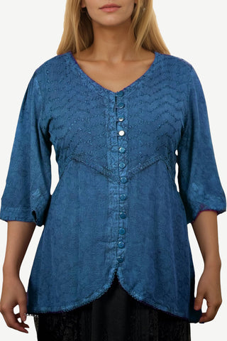 Women's Bohemian Ari Embroidered Button Down Short Sleeve Tunic Blouse ~604B