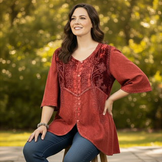 Women's Bohemian Exotic Embroidered 3/4 Sleeve Tunic Blouse ~ 603B