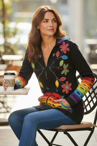 RJ 309 355 Rainbow Razor Cut Flower Stem Cotton Bohemian Hoodie Jacket