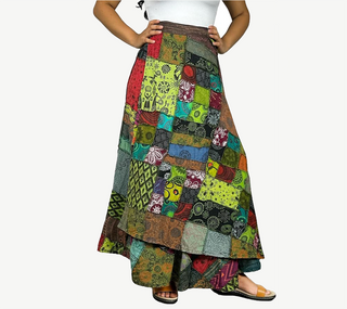 425 SKT Boho Cotton Tie Dye Asymmetrical Patched Fall Winter Wrap Skirt - Agan Traders, Green Multi