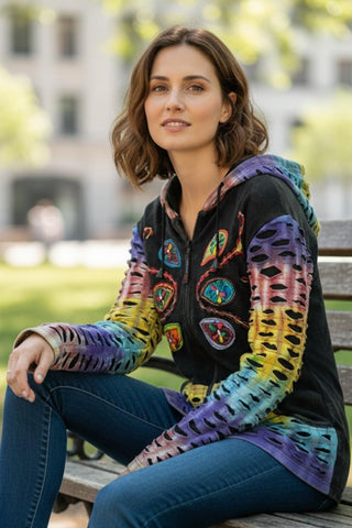 329 RJ Rainbow Razor Cut Embroidered Patched Bohemian Hoodie Jacket
