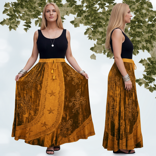 Women's Bohemian Gothic Embroidered Velvet Flared Scalloped Elastic Waistband Maxi Skirt ~ 552 Skt