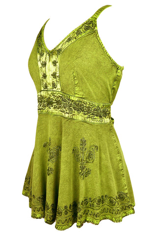 Medieval Gypsy Embroidered Spaghetti Strap Tank Top - Agan Traders, Lime Green