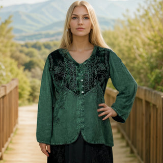 Women's Bohemian Exotic Velvet Embroidered Button Down Long Sleeve Tunic Blouse - Agan Traders, Green