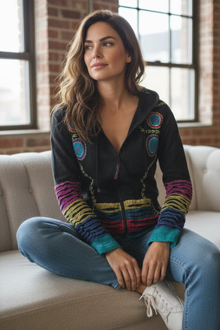CJKT 31 Distressed Denim Distressed Bohemian Hoodie Jacket