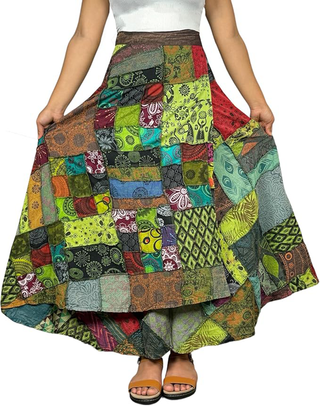 425 SKT Boho Cotton Tie Dye Asymmetrical Patched Fall Winter Wrap Skirt - Agan Traders, Green Multi