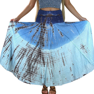 61 SKT Women’s Tie-dye Bohemian High Waist Maxi Skirt Lined Navy Brown